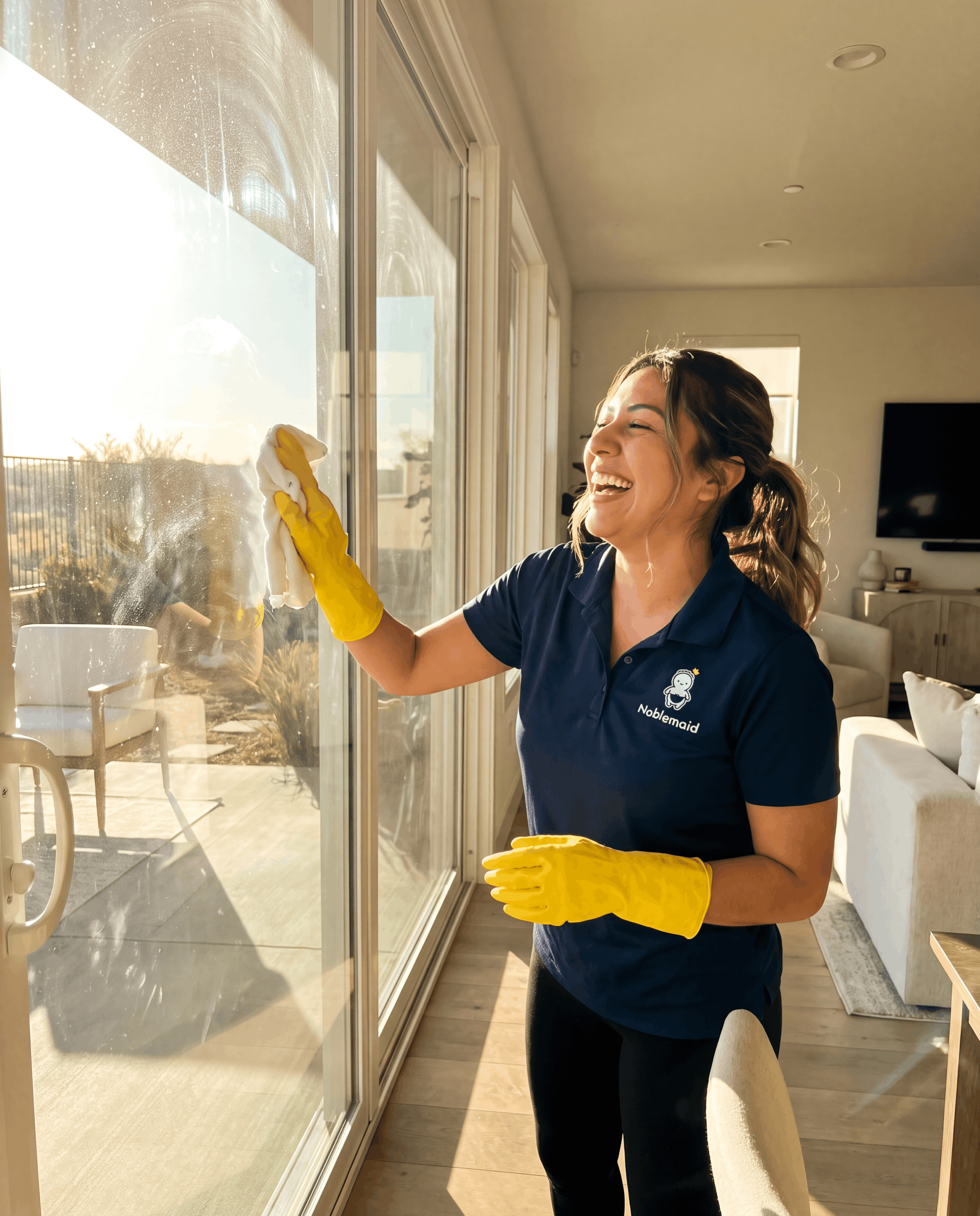 A Noblemaid cleaner in a navy polo wiping a sunlit sliding glass door