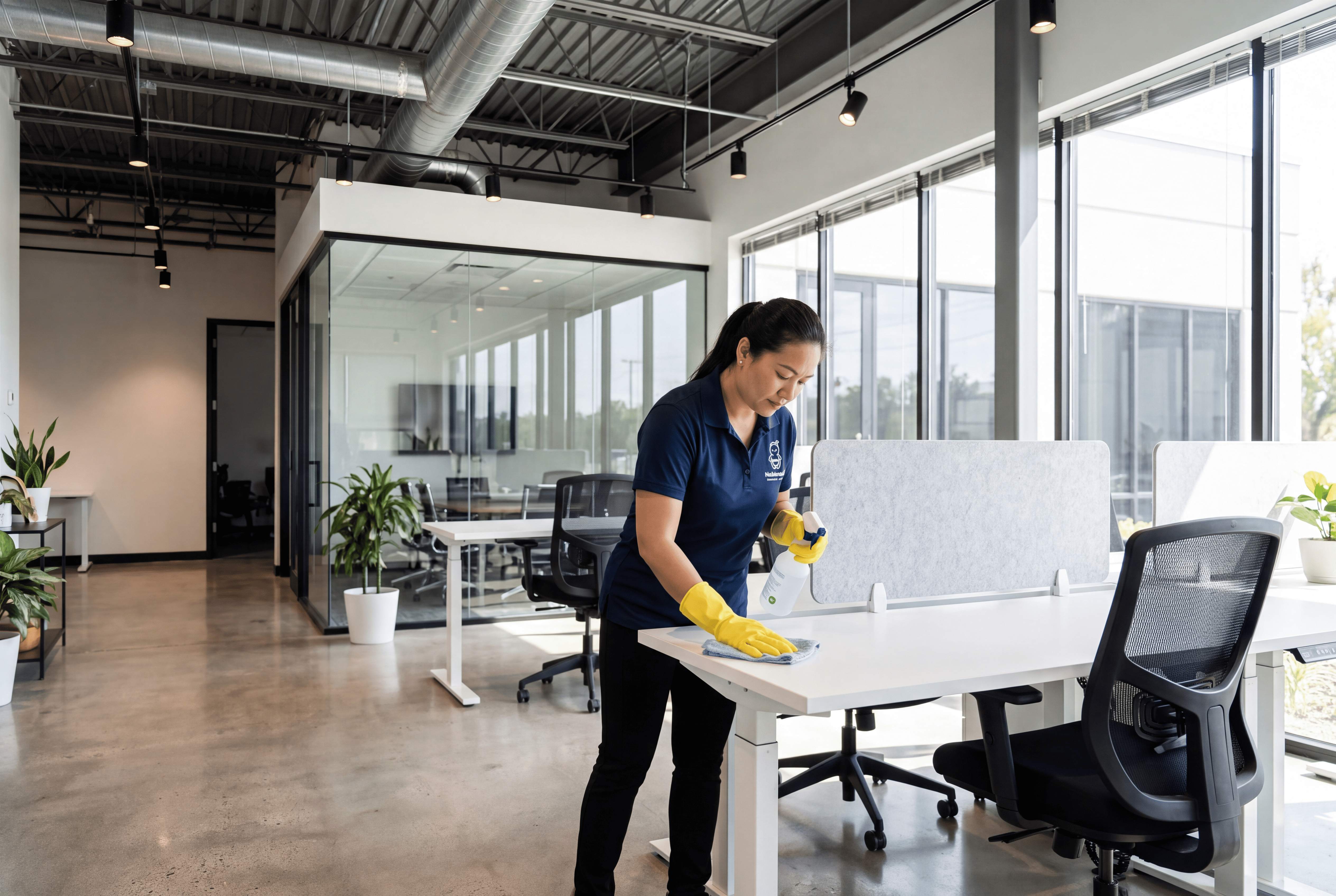 A Noblemaid cleaner wiping a desk in an open-plan office